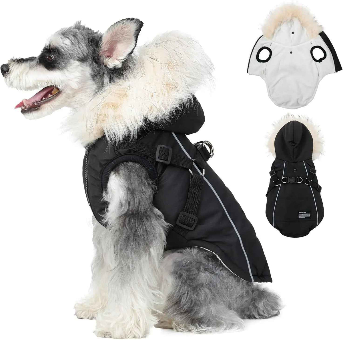 Waterproof Dog Coat Jacket Faux Fur Hood & Reflective Strap