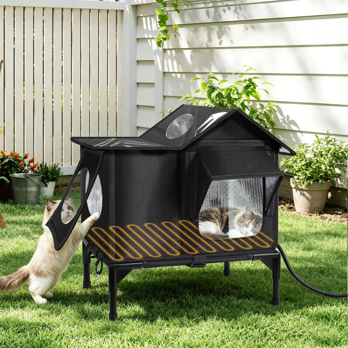 Heated Outdoor Cat House with Escape Door & Warming Pad, M/L