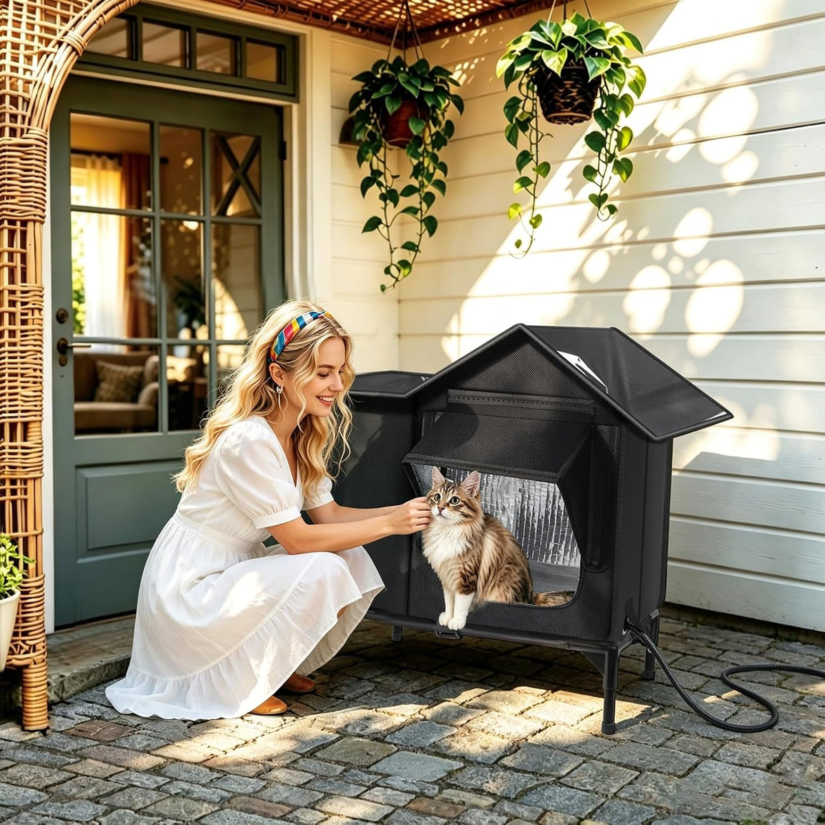 Heated Outdoor Cat House with Escape Door & Warming Pad, M/L