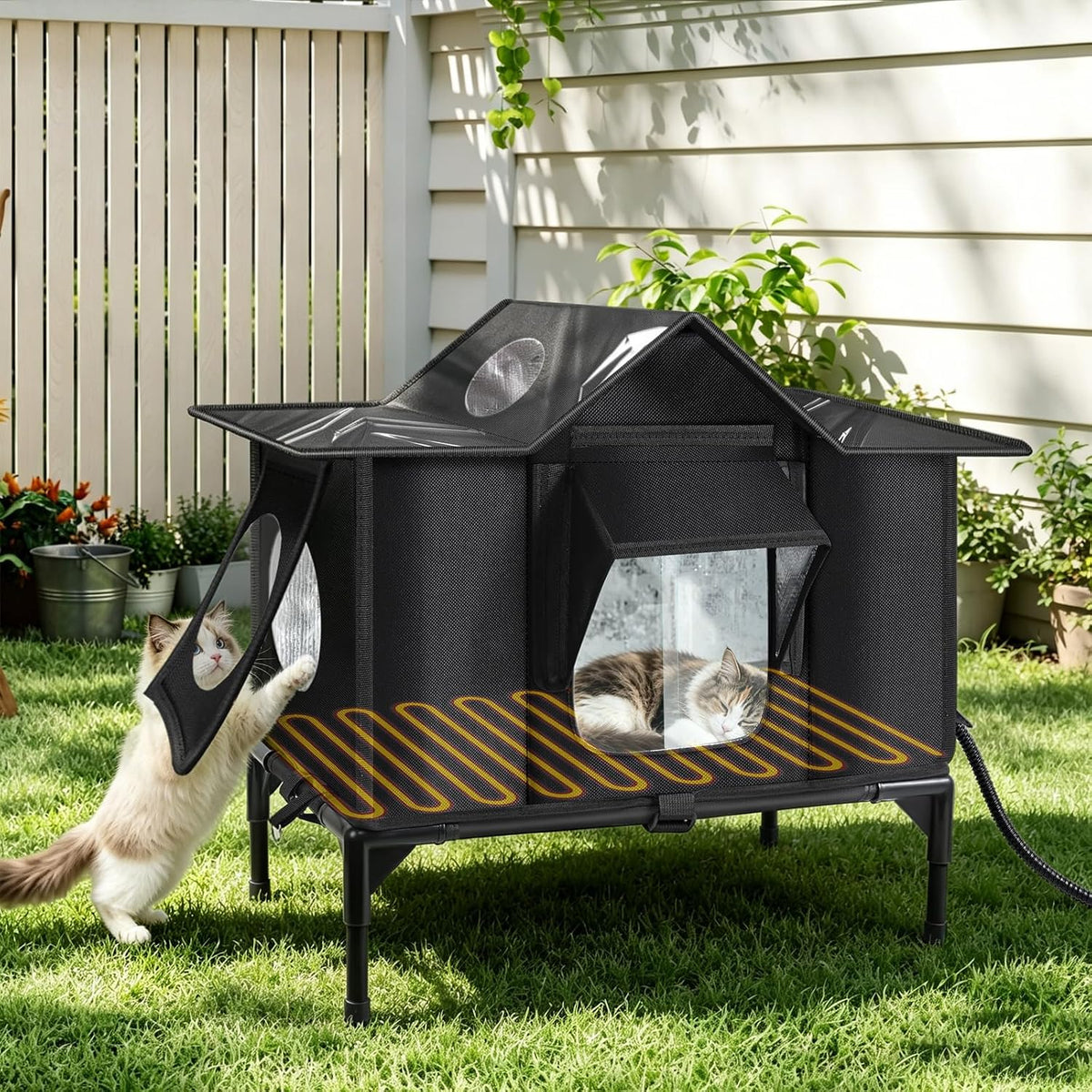 Heated Outdoor Cat House with Escape Door & Warming Pad, M/L