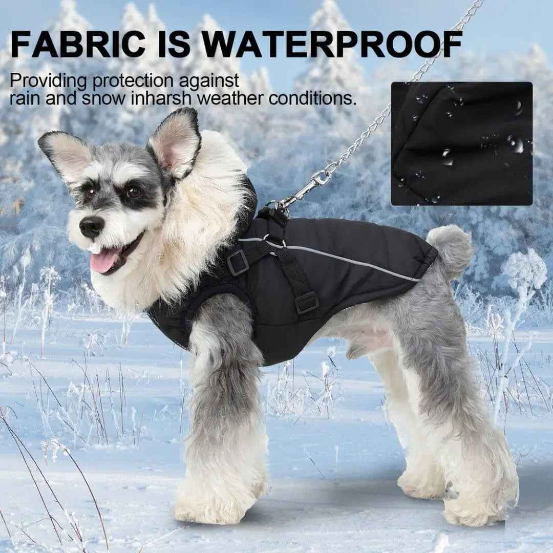 Waterproof Dog Coat Jacket Faux Fur Hood & Reflective Strap