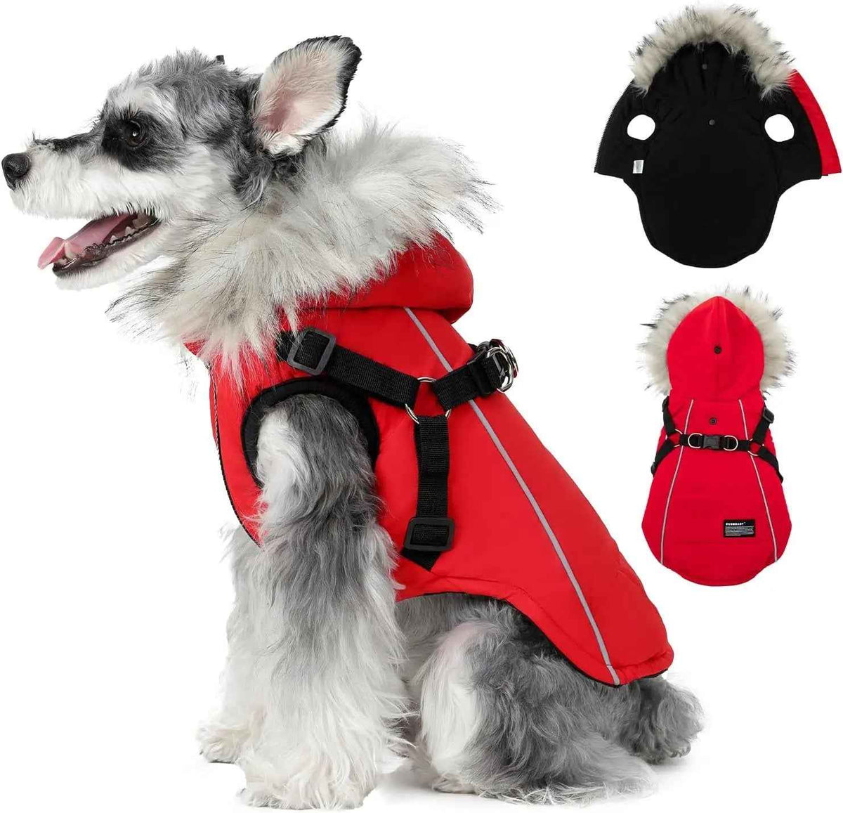 Waterproof Dog Coat Jacket Faux Fur Hood & Reflective Strap