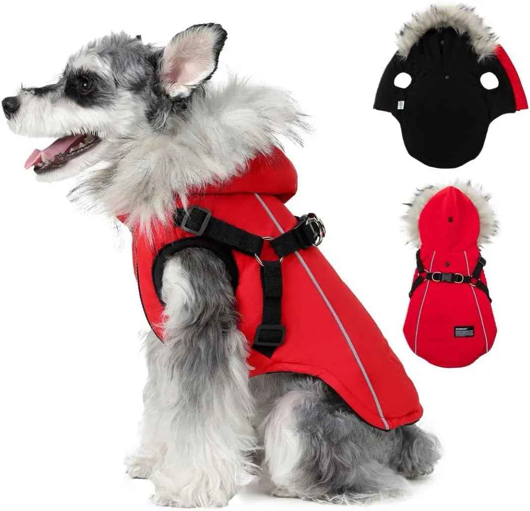 Waterproof Dog Coat Jacket Faux Fur Hood & Reflective Strap