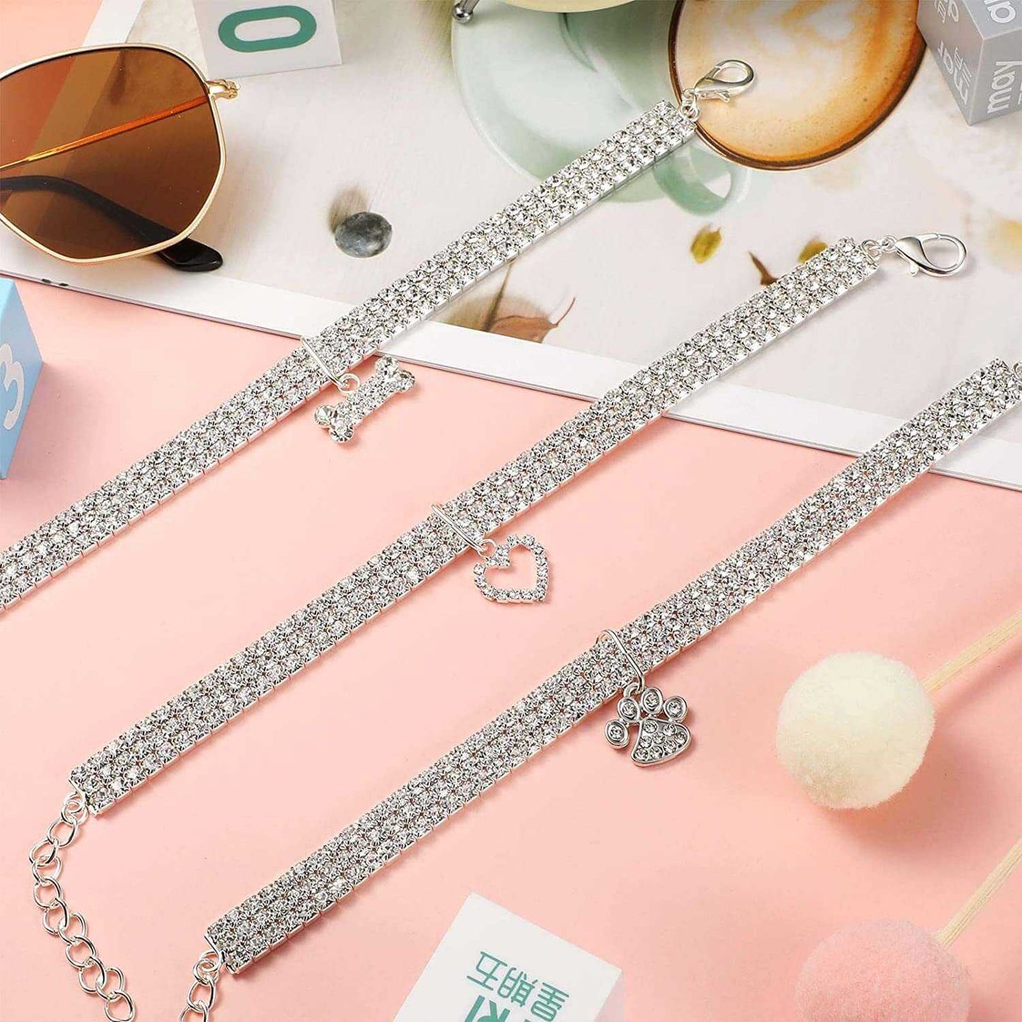 3-Piece Bling Rhinestones Pet Collars Glitter Pendant Dog Collars Adjustable Crystal Cat Collar Elastic Pet Necklace for Small Pet Cat Dogs Puppy (White)